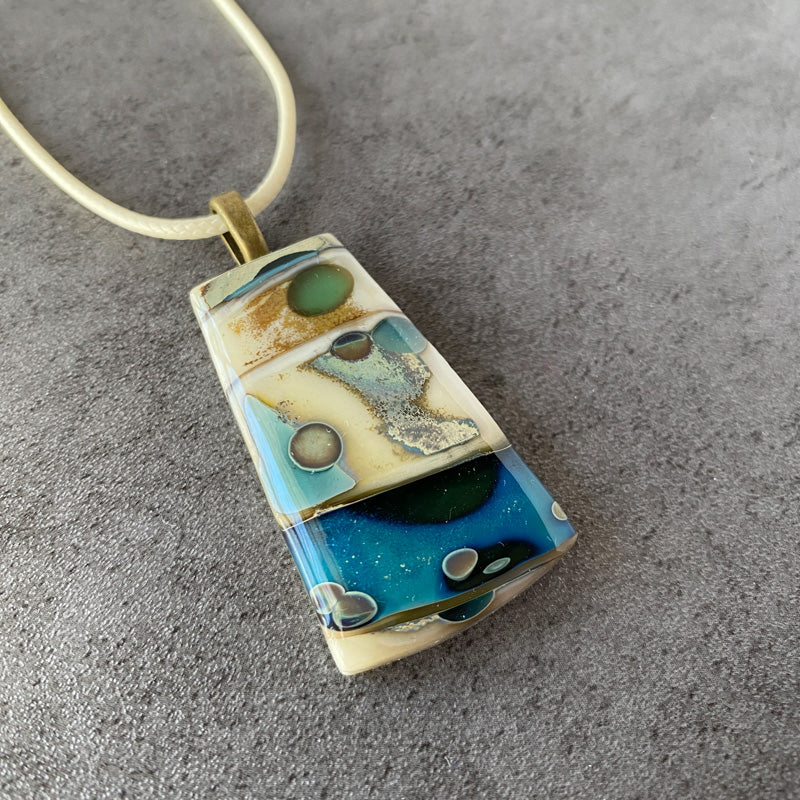 Mediterranean Mist, Ancient Relic Style Fused Glass Necklace, blue, cream