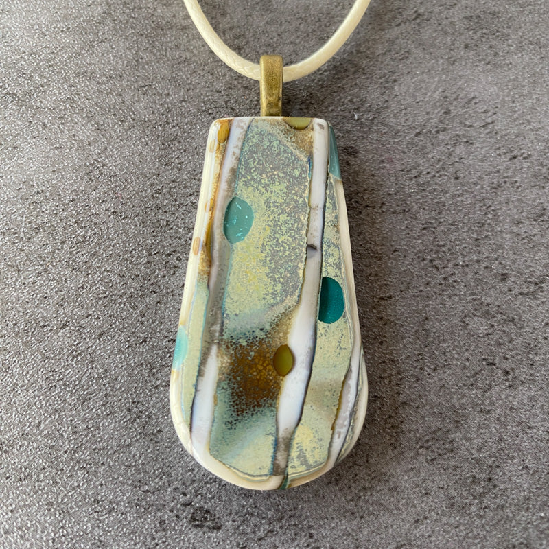 Great Excavations, Ancient Relic Style Fused Glass Necklace, aqua, cream