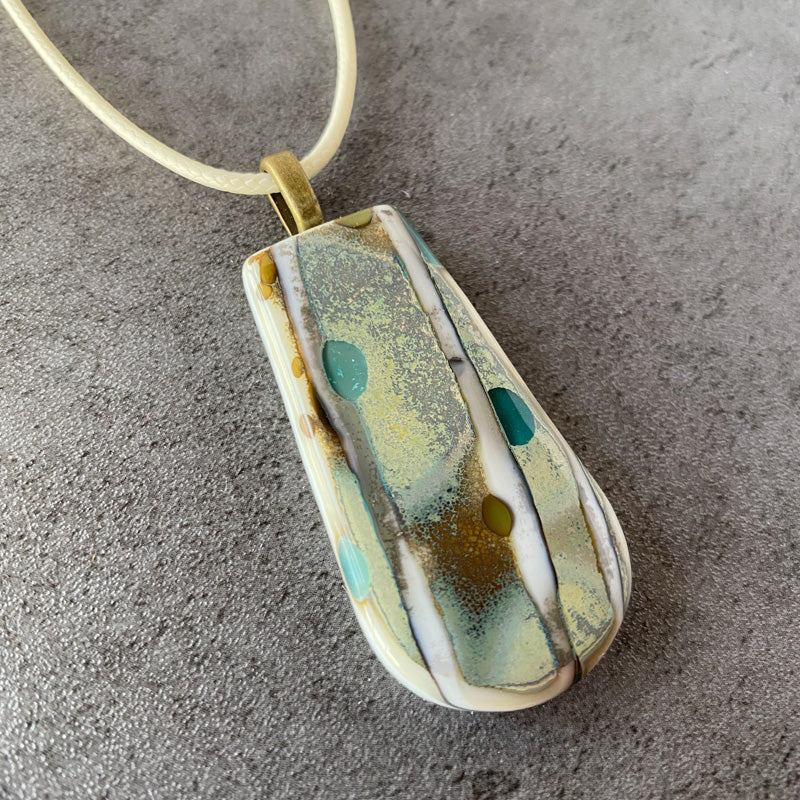 Great Excavations, Ancient Relic Style Fused Glass Necklace, aqua, cream