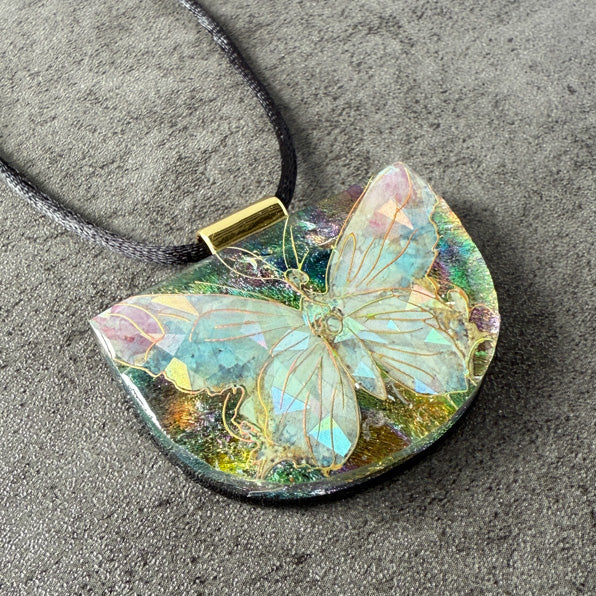 Whisperwing, Whimsy & Wonder fused glass necklace, multi-colored, gold