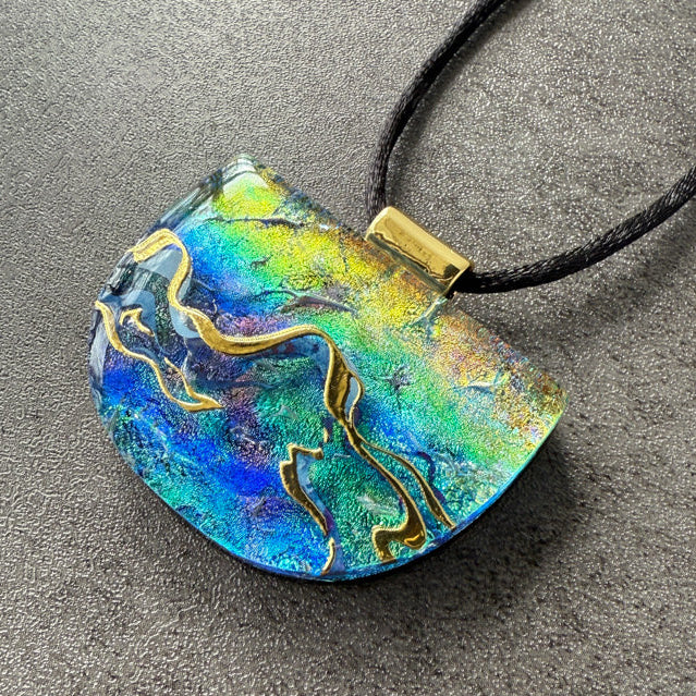 Around The Riverbend, Whimsy & Wonder fused glass necklace, multi-colored, gold, blue