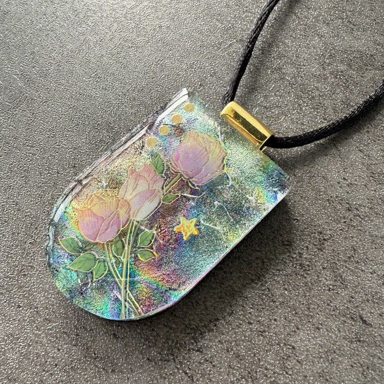 Rose Glow Reverie, Whimsy & Wonder fused glass necklace, multi-colored, gold, aqua, pink
