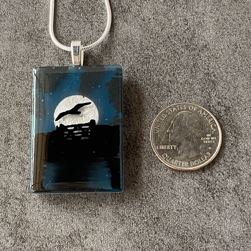 Moonlit Pond, Foggy Moonlit Night,  Fused Glass Necklace, aqua blue, silver