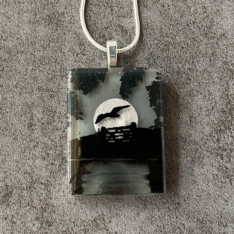 Harvest Moon, Foggy Moonlit Night,  Fused Glass Necklace, black, grey, silver