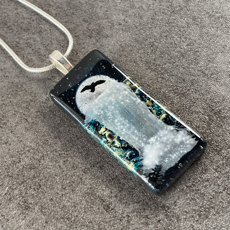 Night Falls, Moonlit Waterfalls Fused Glass Necklace, navy blue, silver