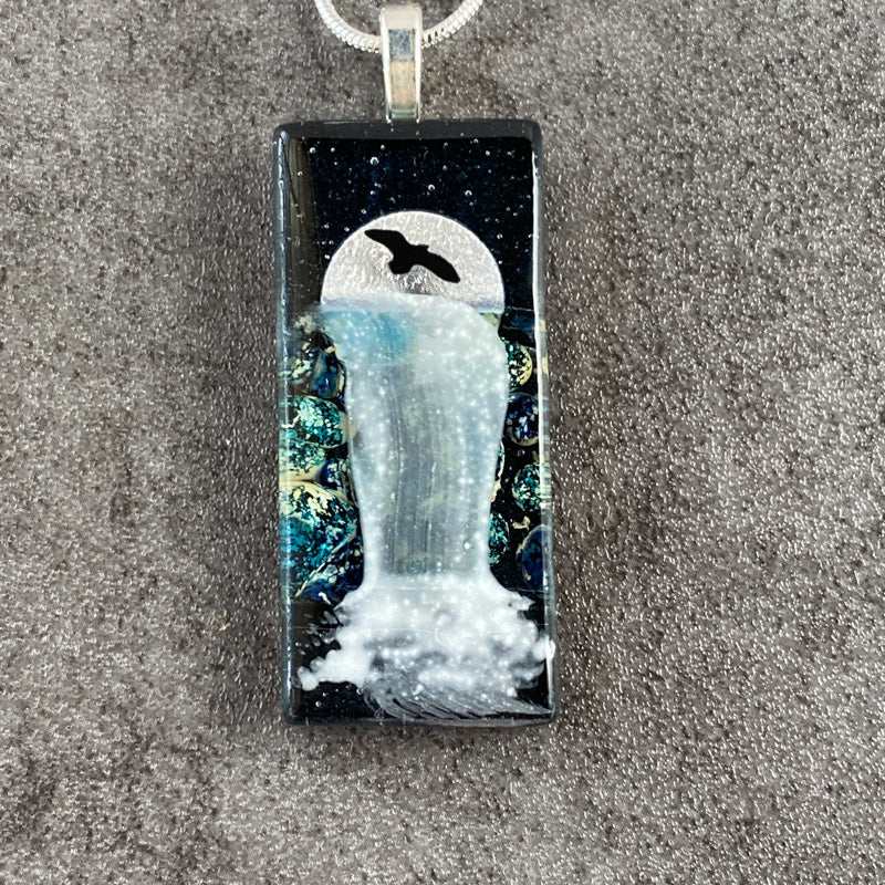 Moonstruck, Moonlit Waterfalls Fused Glass Necklace, navy blue, silver