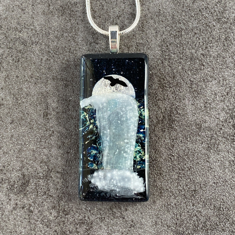 Midnight Shimmer, Moonlit Waterfalls Fused Glass Necklace, navy blue, silver