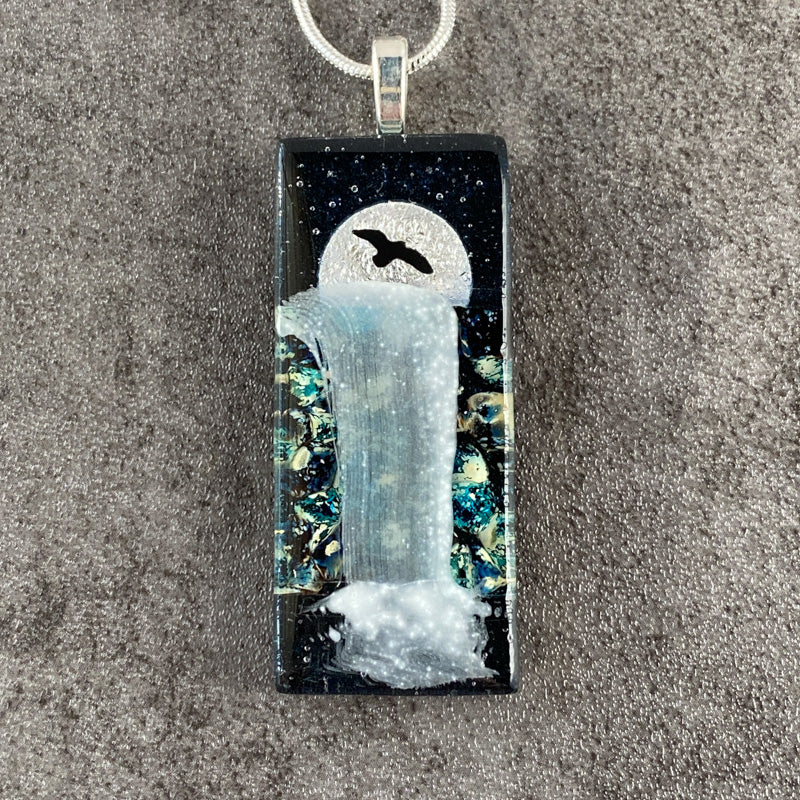 Moon River, Moonlit Waterfalls Fused Glass Necklace, navy blue, silver