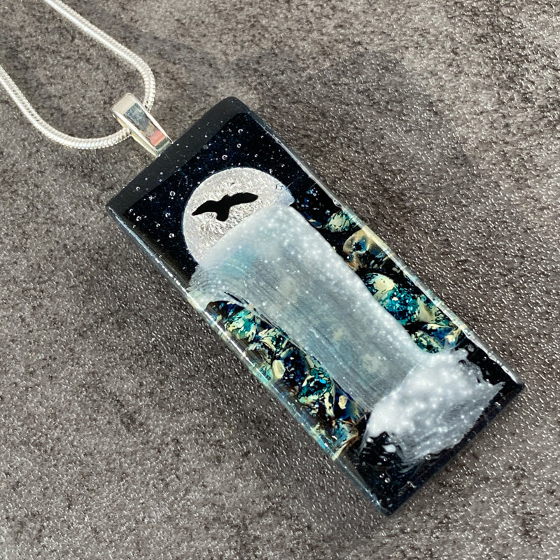 Moon River, Moonlit Waterfalls Fused Glass Necklace, navy blue, silver