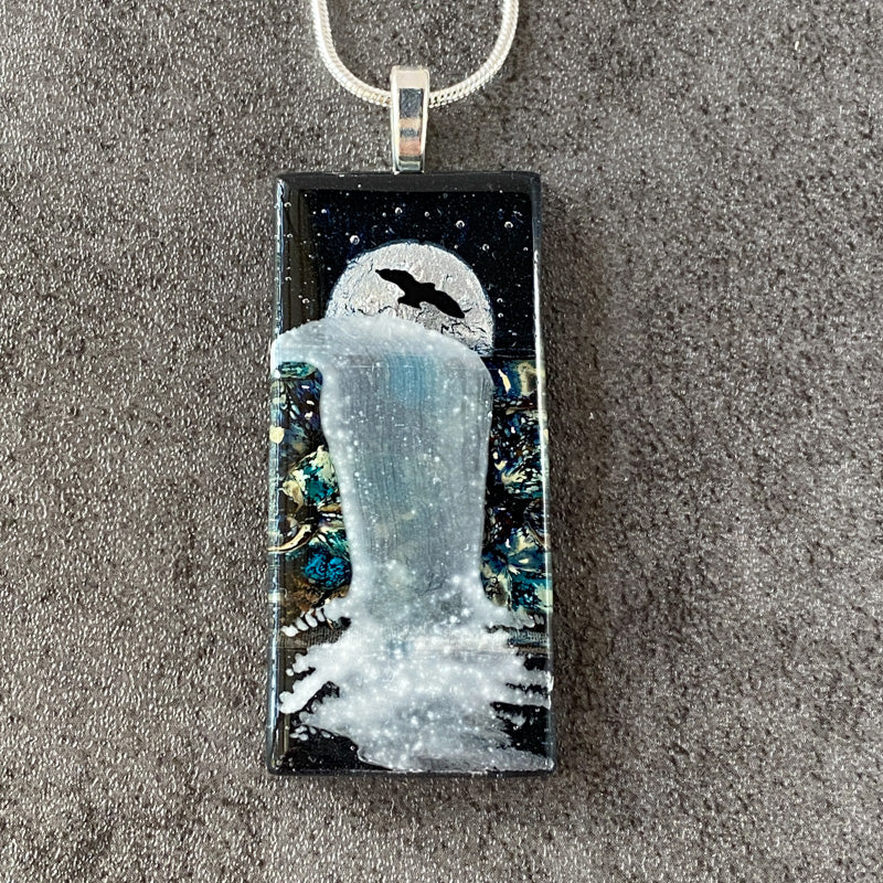 Moonscape Shine, Moonlit Waterfalls Fused Glass Necklace, navy blue, silver