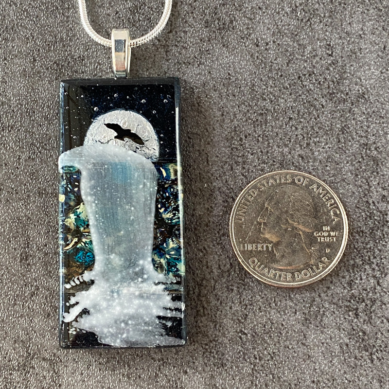 Moonscape Shine, Moonlit Waterfalls Fused Glass Necklace, navy blue, silver