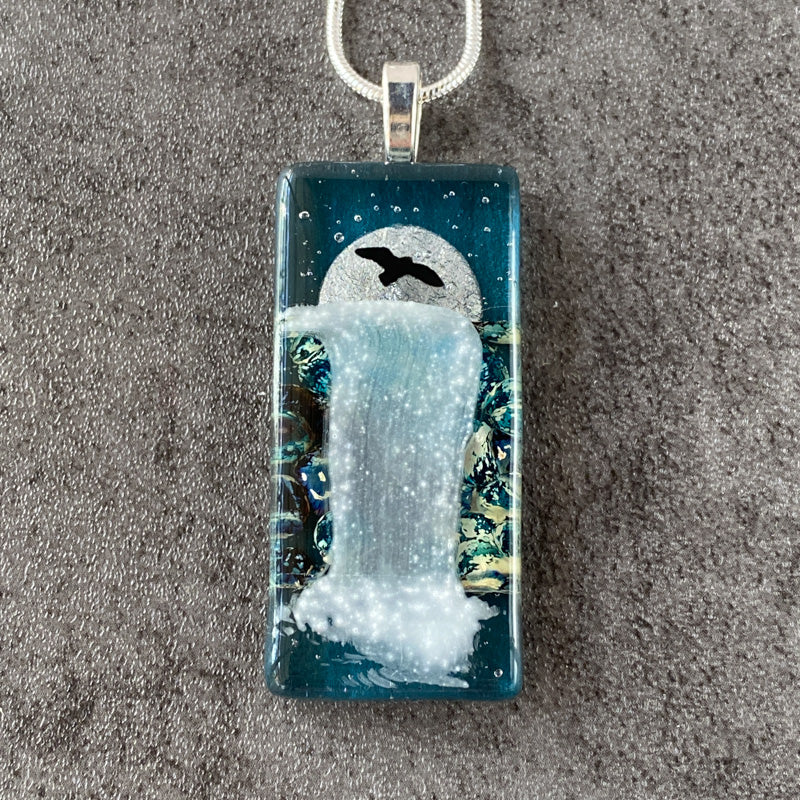 Moon Glow, Moonlit Waterfalls Fused Glass Necklace, aqua blue, silver