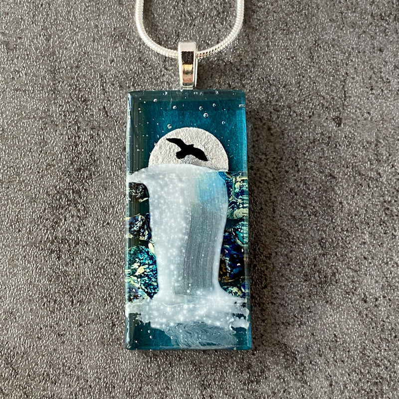 Dancing In The Moonlight, Moonlit Waterfalls Fused Glass Necklace, aqua blue, silver
