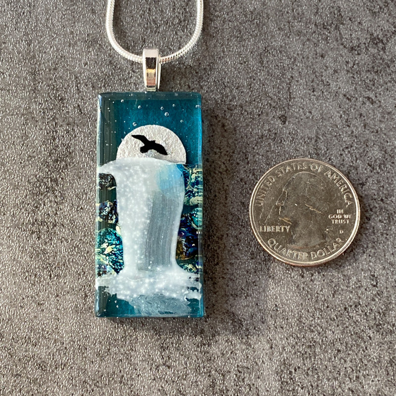 Dancing In The Moonlight, Moonlit Waterfalls Fused Glass Necklace, aqua blue, silver