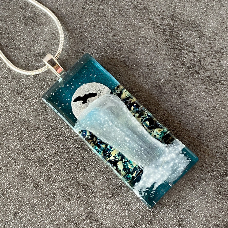 Reach For The Moon, Moonlit Waterfalls Fused Glass Necklace, aqua blue, silver