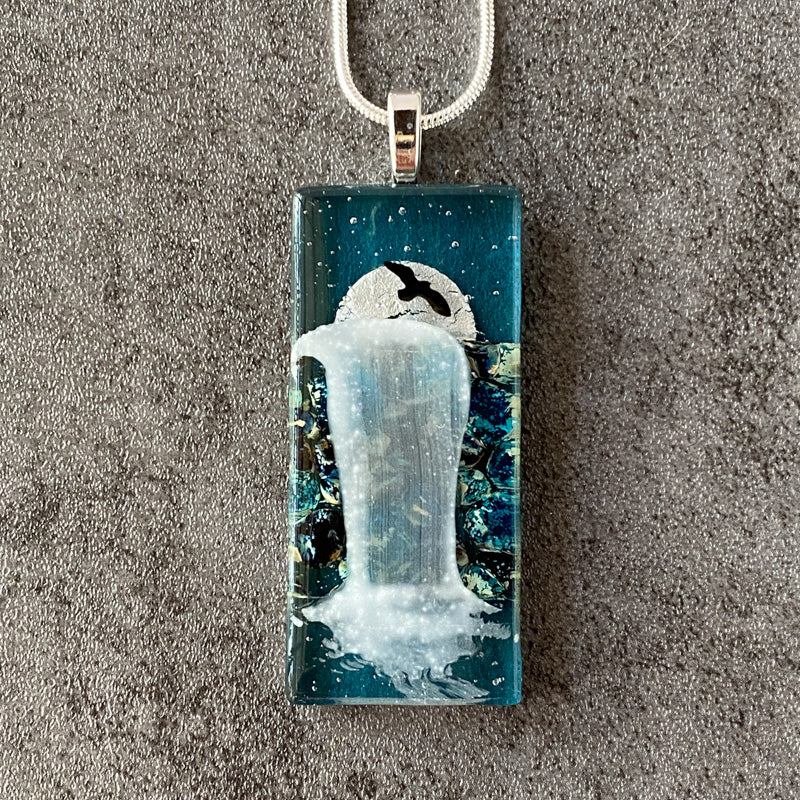 Night Sky Glimmer, Moonlit Waterfalls Fused Glass Necklace, aqua blue, silver