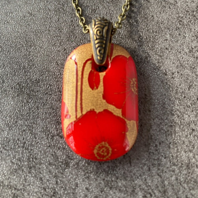 Blooming Poppies, Red and 18kt Gold Fused Glass Necklace