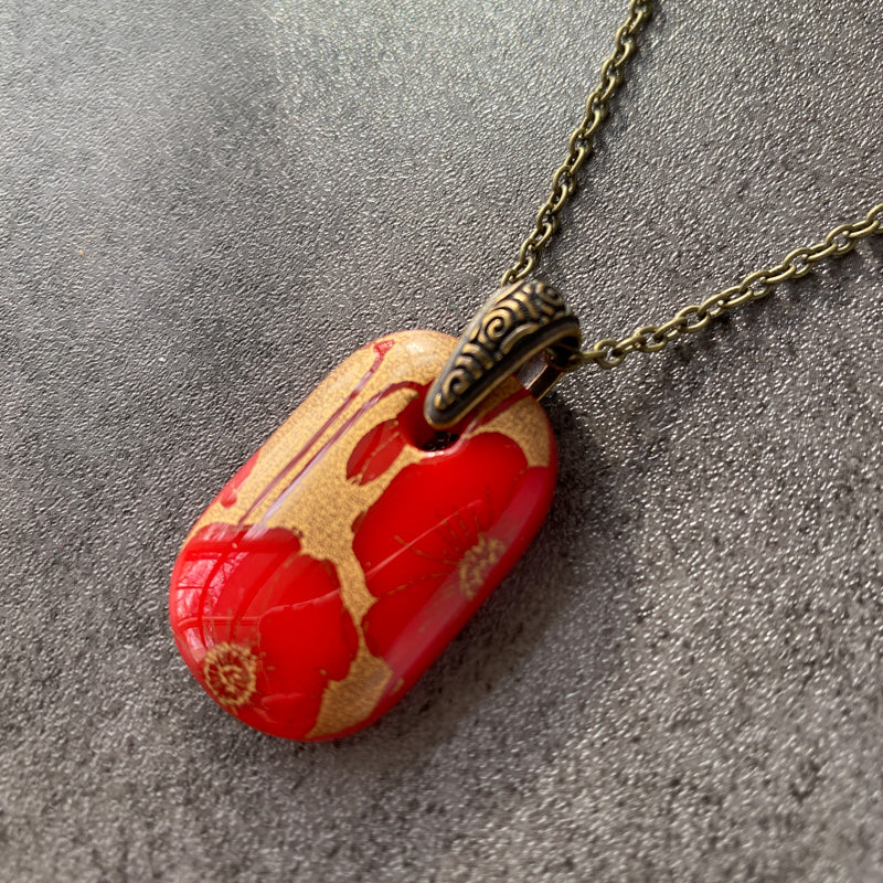 Blooming Poppies, Red and 18kt Gold Fused Glass Necklace