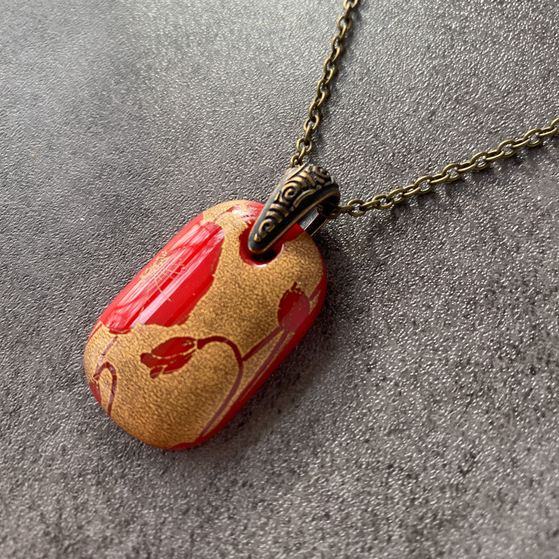 Poppy Blooms, Red and 18kt Gold Fused Glass Necklace