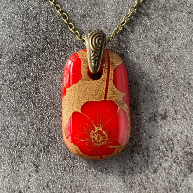Posh Poppies, Red and 18kt Gold Fused Glass Necklace