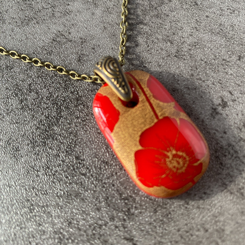 Posh Poppies, Red and 18kt Gold Fused Glass Necklace