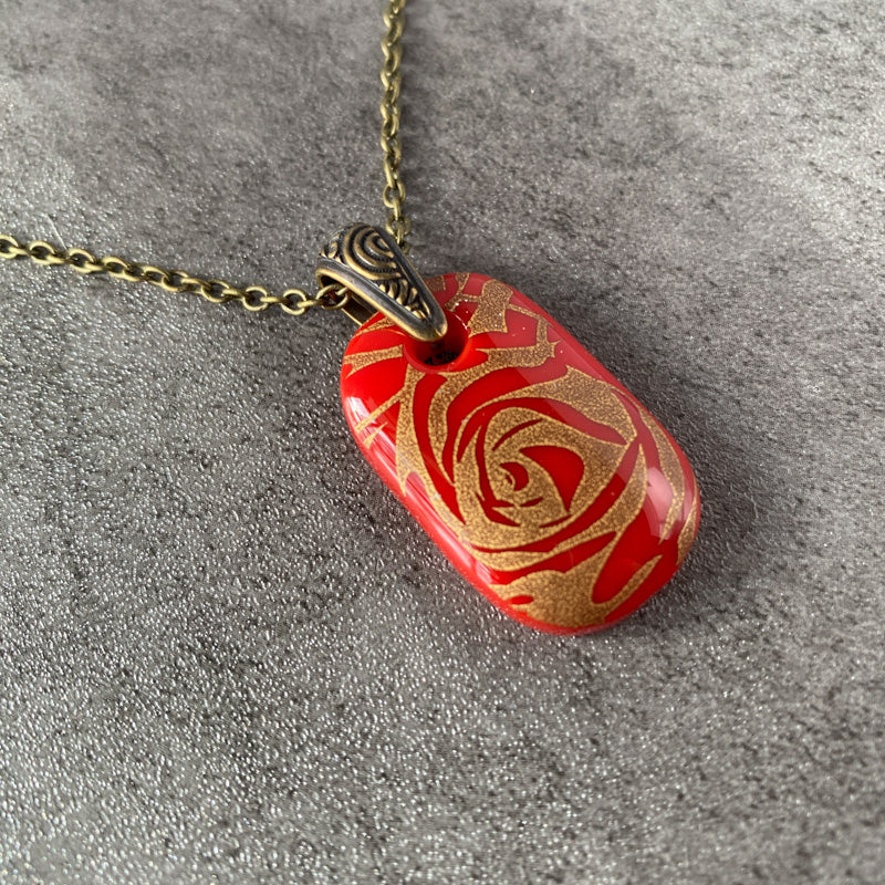 Heirloom Rose, Red and 18kt Gold Fused Glass Necklace