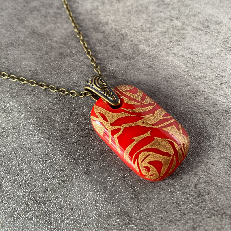 Antique Rose Bud, Red and 18kt Gold Fused Glass Necklace
