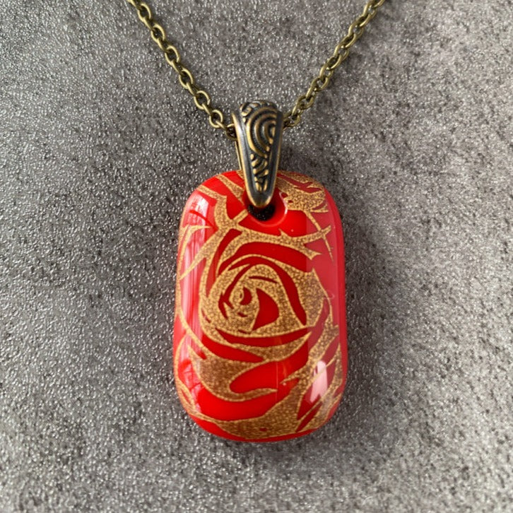 Vintage Rose Petals, Red and 18kt Gold Fused Glass Necklace