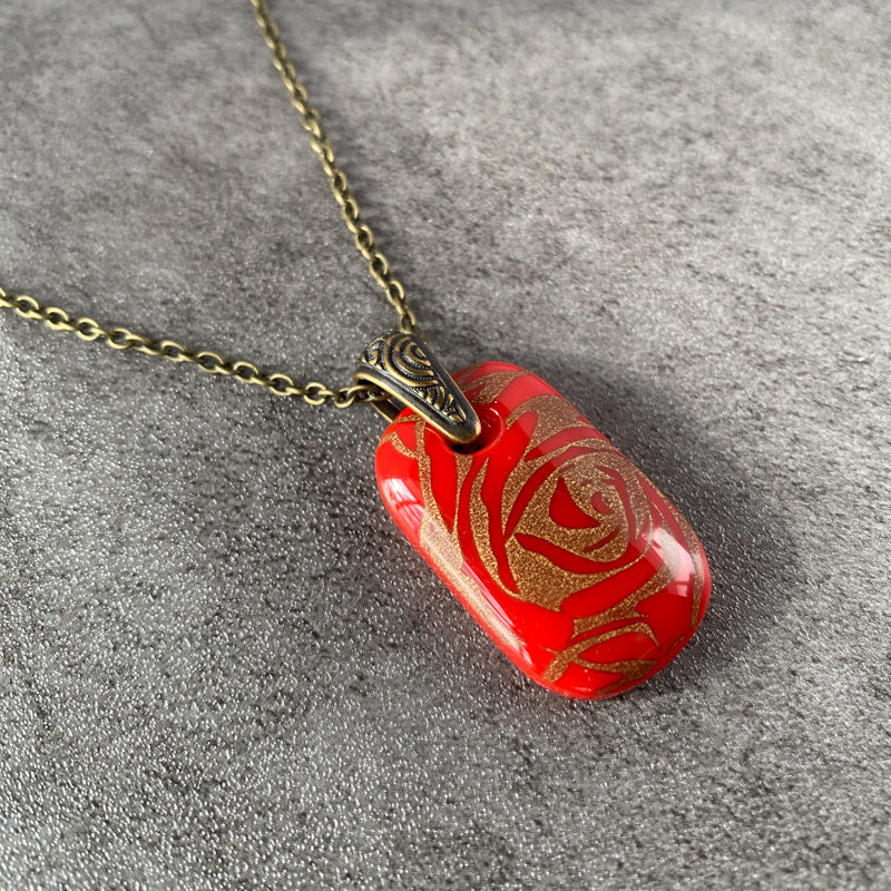 Ageless Velvet Rose, Red and 18kt Gold Fused Glass Necklace