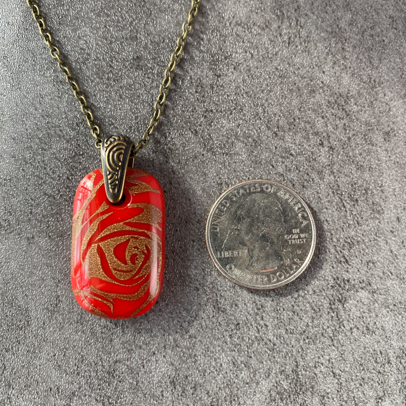 Ageless Velvet Rose, Red and 18kt Gold Fused Glass Necklace