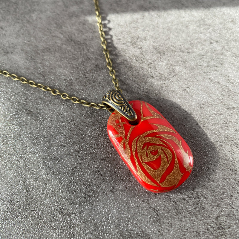 Timeless Rose Bouquet, Red and 18kt Gold Fused Glass Necklace