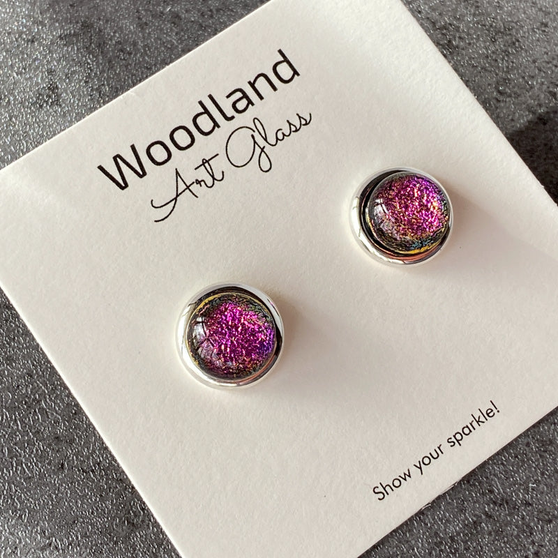 Peppermint Pink, Pink Dichroic Earrings, Silver