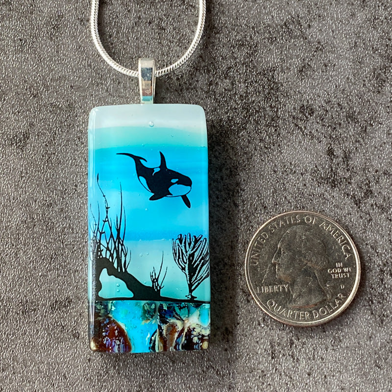Underwater Wonders, Sand & Sea Fused Glass Necklace, blue and aqua, silver