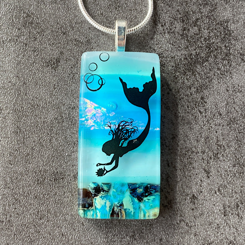 Mermaid Cove, Sand & Sea Fused Glass Necklace, blue and aqua, silver