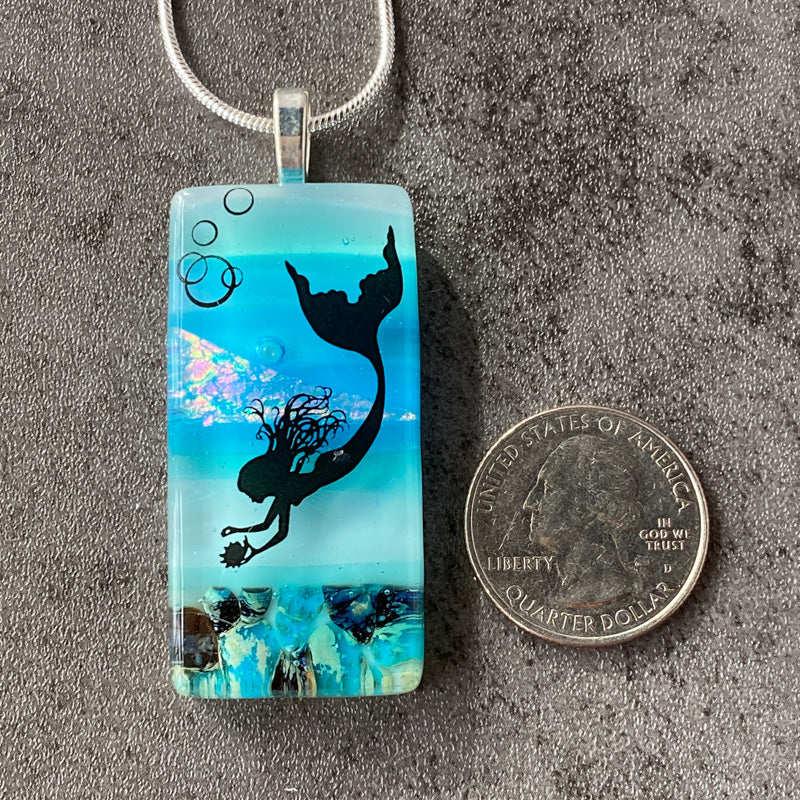 Mermaid Cove, Sand & Sea Fused Glass Necklace, blue and aqua, silver