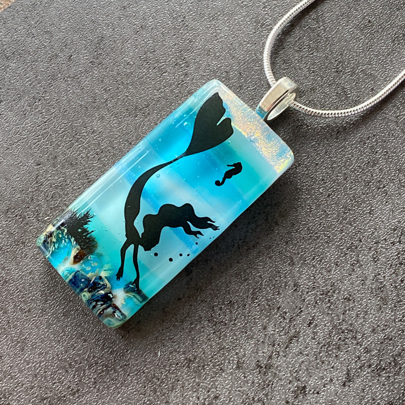 Mermaid Mystique, Sand & Sea Fused Glass Necklace, blue and aqua, silver