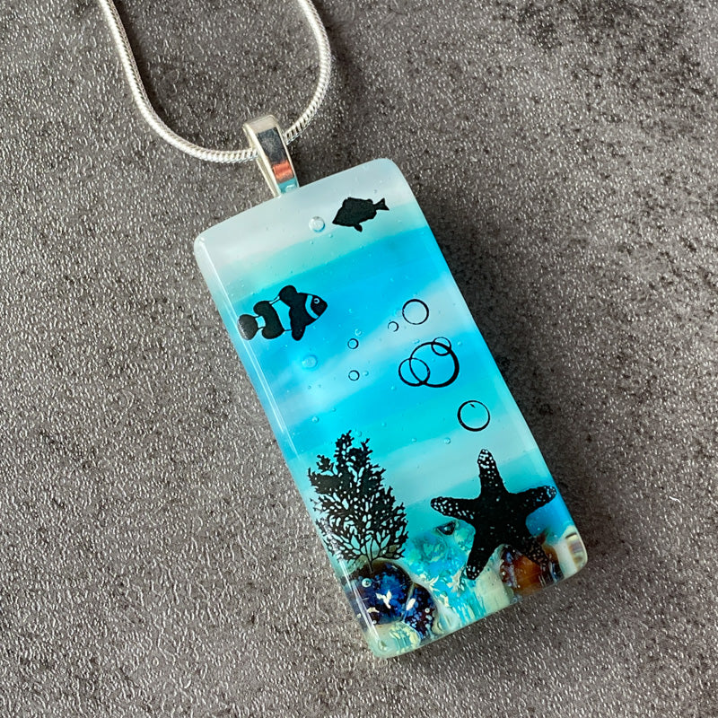 Reef Dwellers, Sand & Sea Fused Glass Necklace, blue and aqua, silver