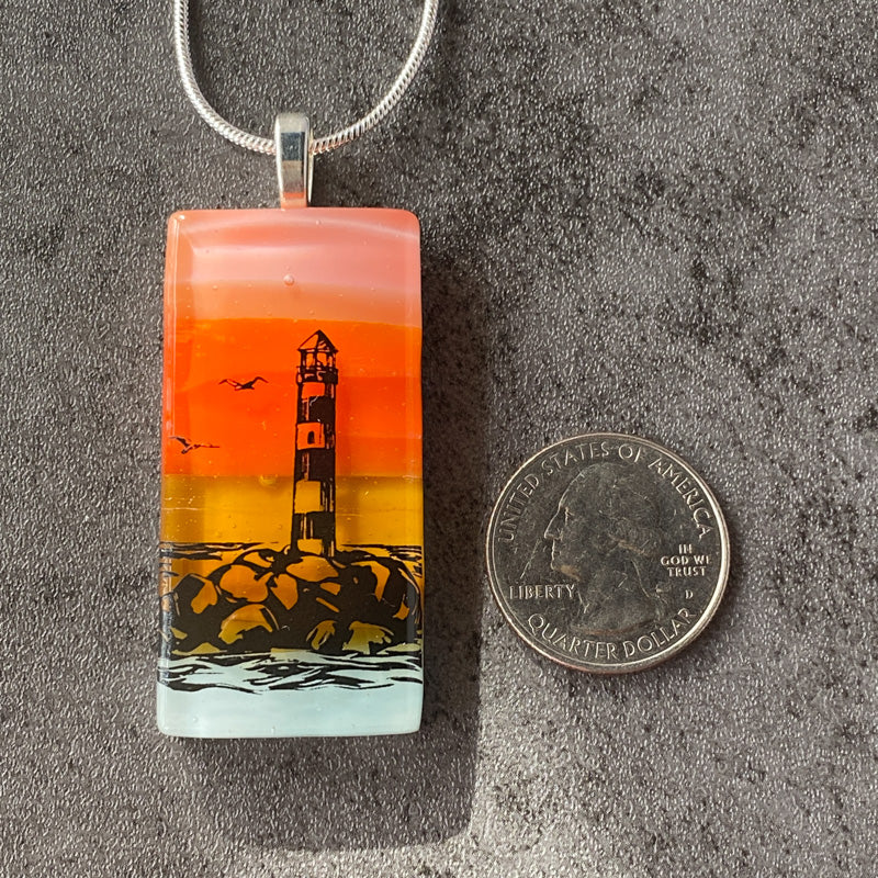 Guiding Light, Sunset Beach Fused Glass Necklace, pink and coral, silver