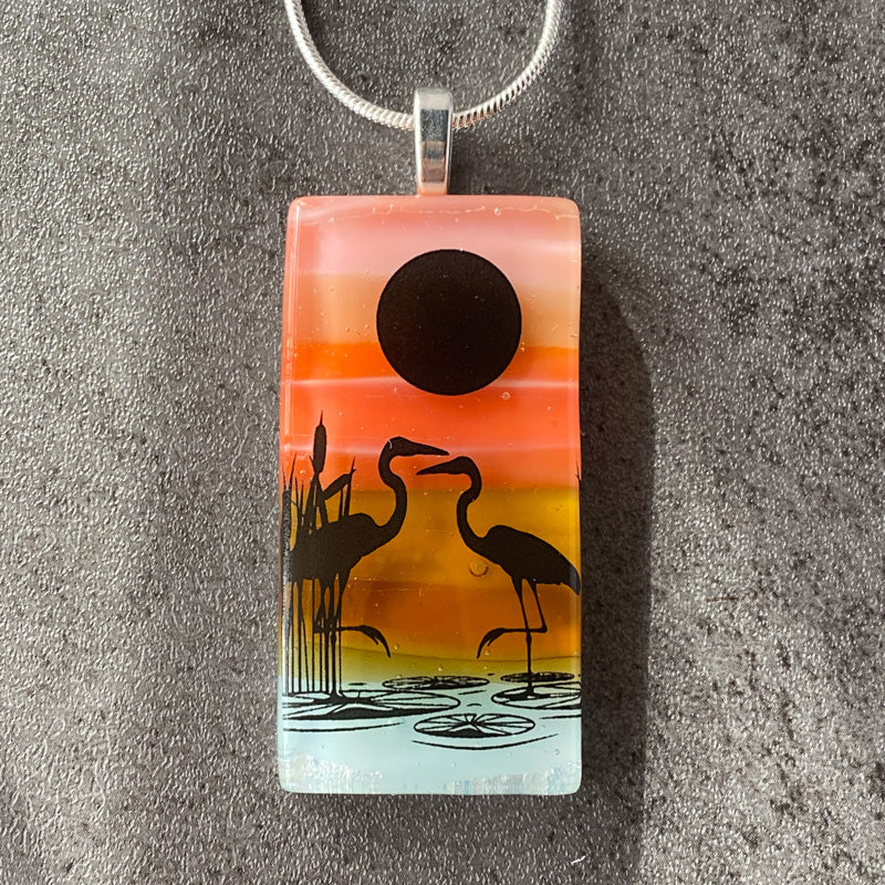 Heron Harbor, Sunset Beach Fused Glass Necklace, pink and coral, silver