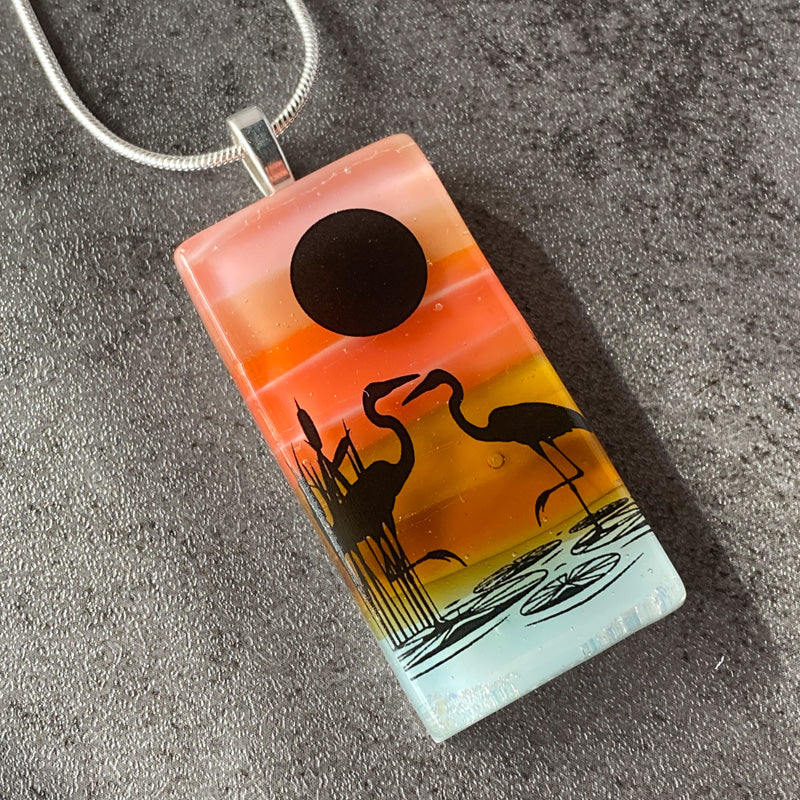 Heron Harbor, Sunset Beach Fused Glass Necklace, pink and coral, silver