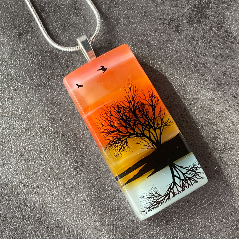 Sunset Reflections, Sunset Beach Fused Glass Necklace, pink and coral, silver