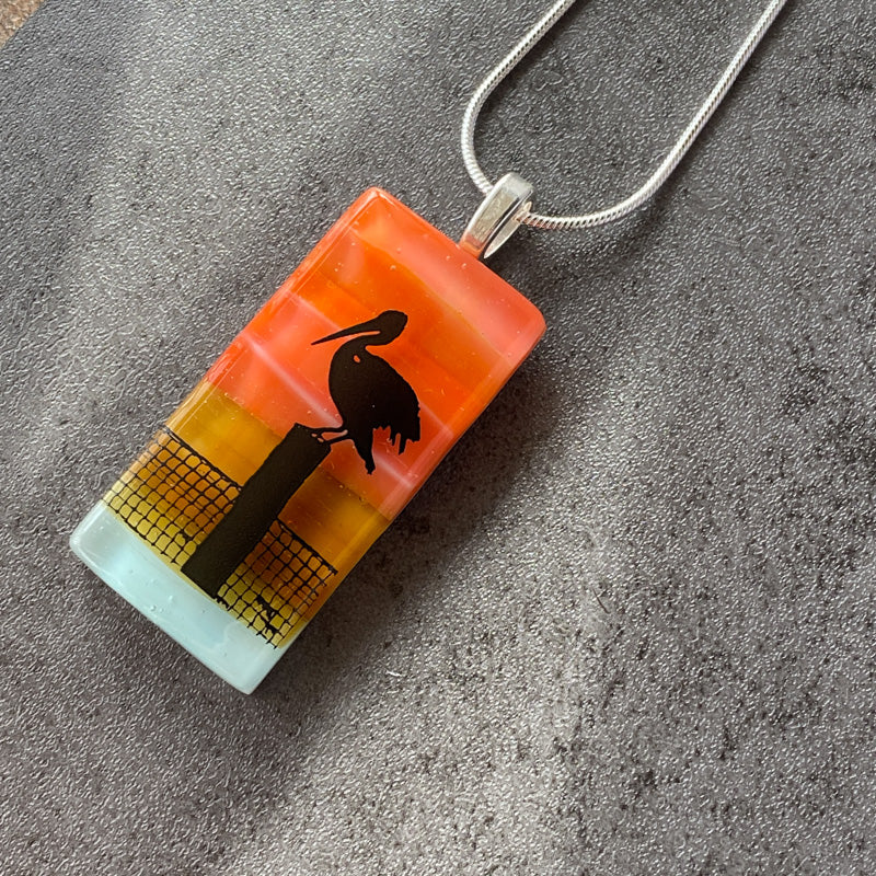 Shorebird Silhouette, Sunset Beach Fused Glass Necklace, pink and coral, silver