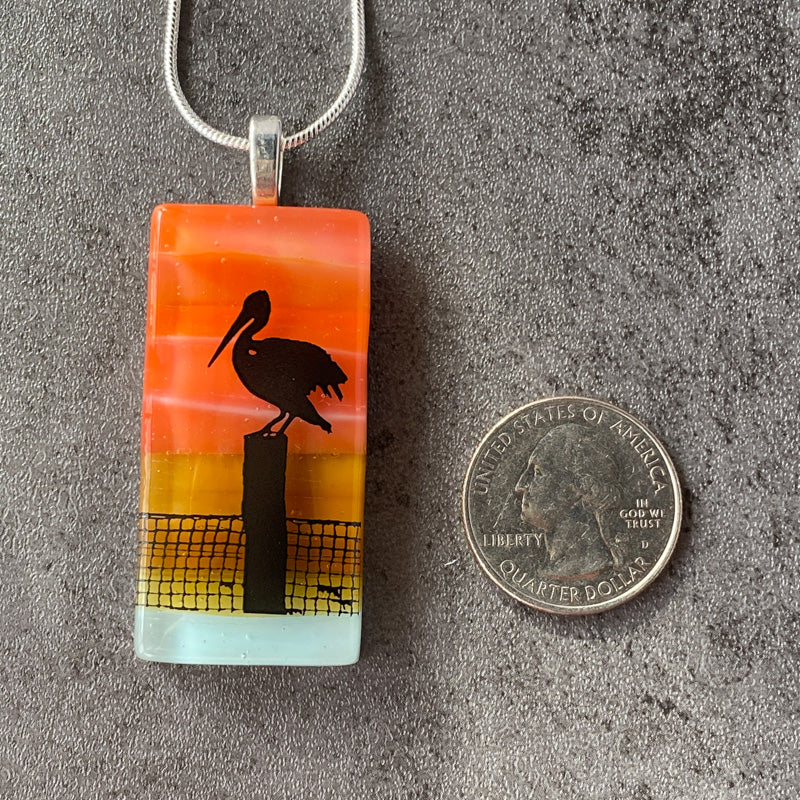 Shorebird Silhouette, Sunset Beach Fused Glass Necklace, pink and coral, silver