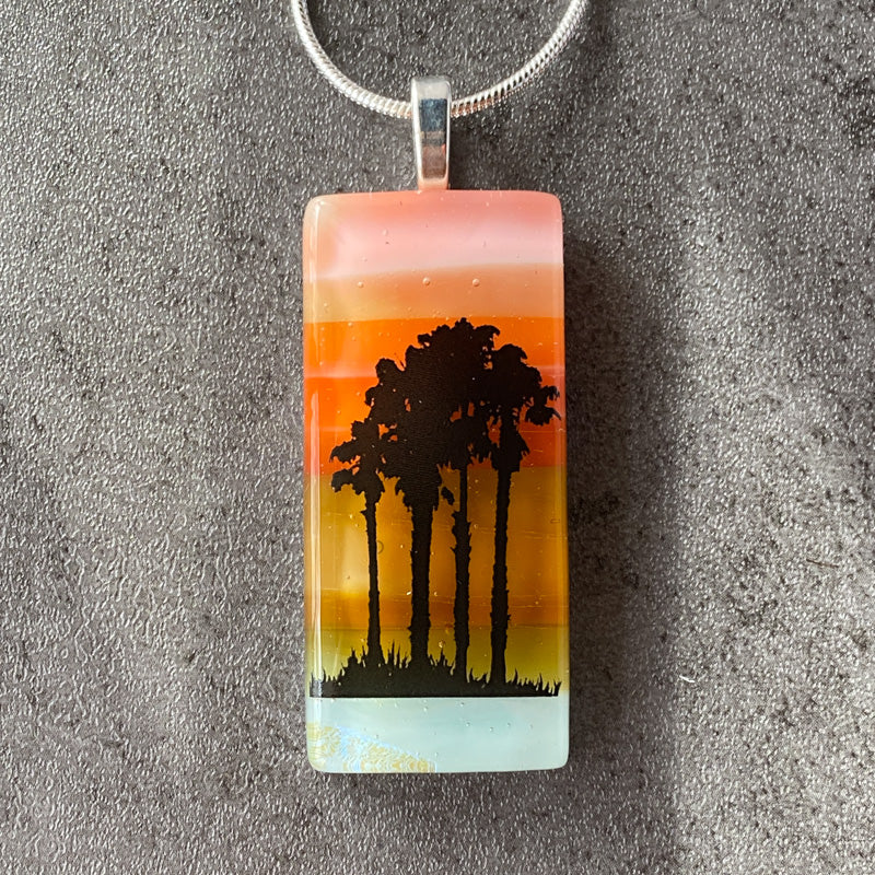 Palm Tree Paradise, Sunset Beach Fused Glass Necklace, pink and coral, silver