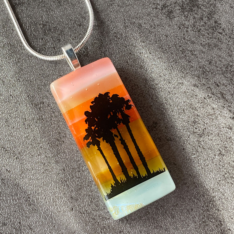 Palm Tree Paradise, Sunset Beach Fused Glass Necklace, pink and coral, silver