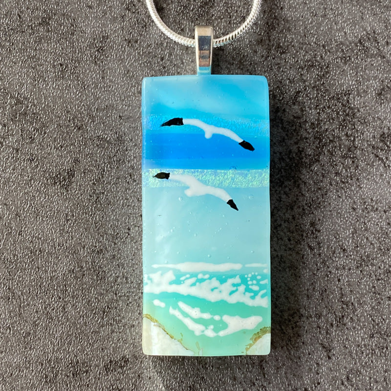 Gull's View, Sand & Sea Fused Glass Necklace, aqua blue, silver