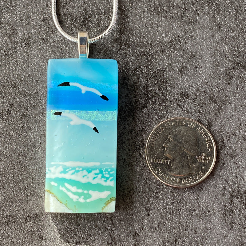Gull's View, Sand & Sea Fused Glass Necklace, aqua blue, silver