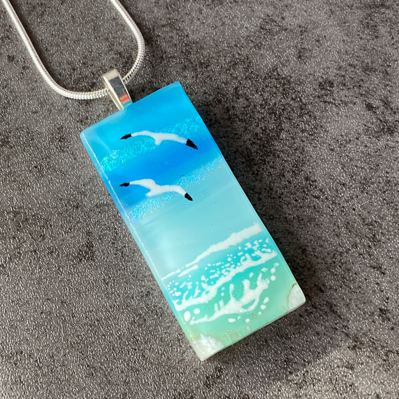 Crashing Waves, Sand & Sea Fused Glass Necklace, aqua blue, silver