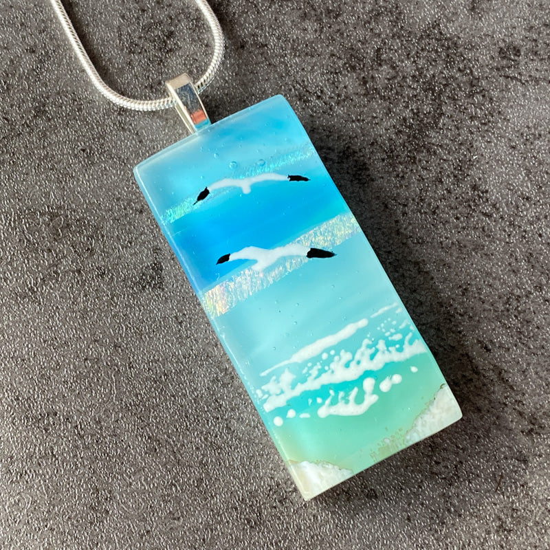 Soaring Seagulls, Sand & Sea Fused Glass Necklace, aqua blue, silver