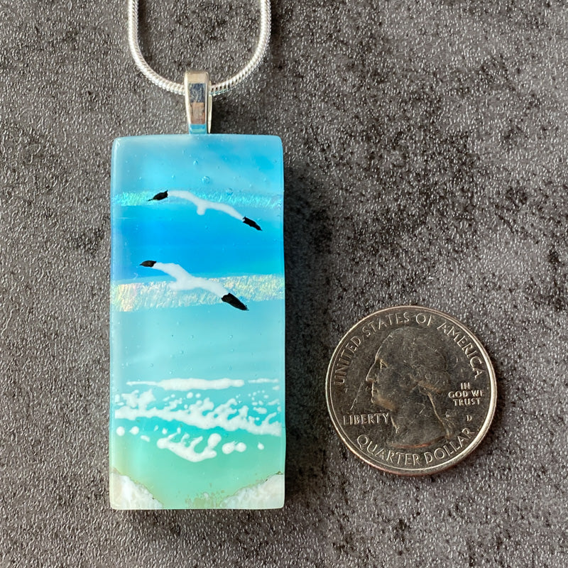 Soaring Seagulls, Sand & Sea Fused Glass Necklace, aqua blue, silver